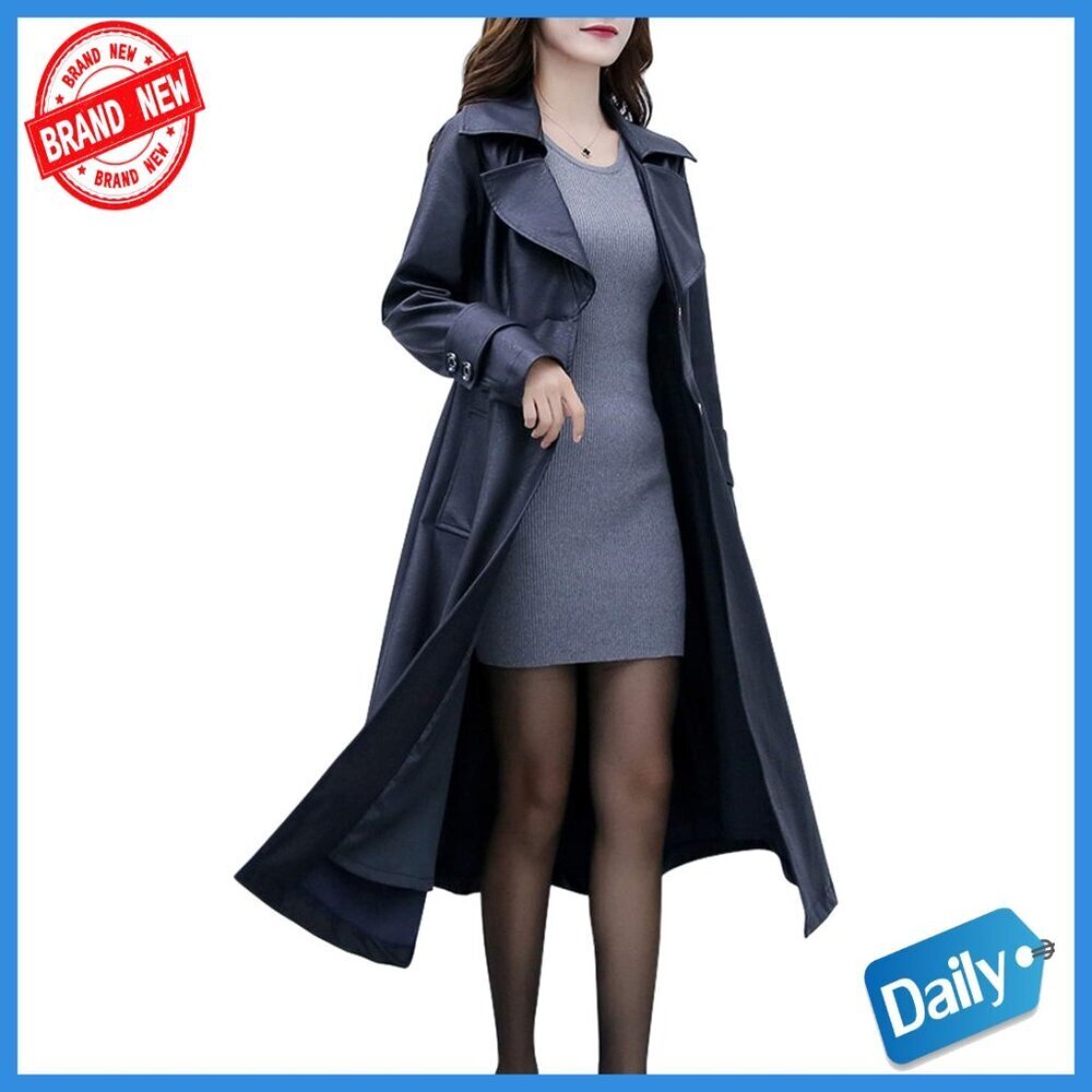Long Sleeve Trench Coat with Lapel Collar, PU Leather, Knee Length